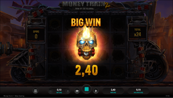Tela final do b&ocirc;nus Money Cart no Money Train 2 mostrando o aviso &ldquo;BIG WIN&rdquo; com uma caveira dourada em chamas ao centro. 