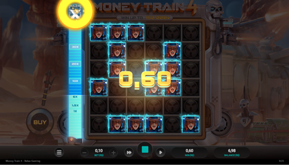 Recurso Respin ativo no jogo base de Money Train 4, mostrando s&iacute;mbolos id&ecirc;nticos na grade 6x6 e um medidor lateral iluminado exibindo os n&iacute;veis de multiplicador alcan&ccedil;ados