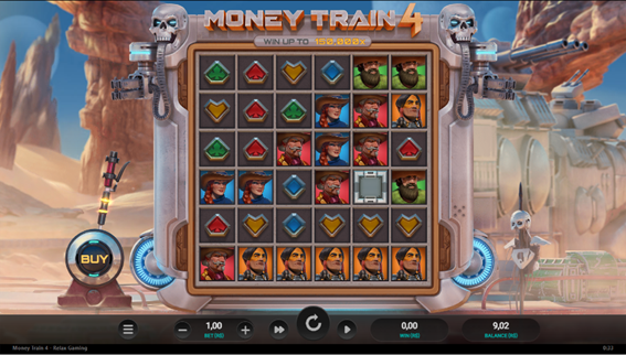 Tela do jogo base do Money Train 4 exibindo a grade 6x6 com s&iacute;mbolos e personagens, cen&aacute;rio futurista e interface de aposta vis&iacute;vel. 