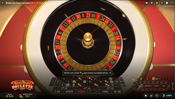 Imagem do Red Door Roulette mostrando a roleta ao vivo com diversos n&uacute;meros marcados com &iacute;cones de chaves douradas, que ativam multiplicadores ou o b&ocirc;nus da porta vermelha.