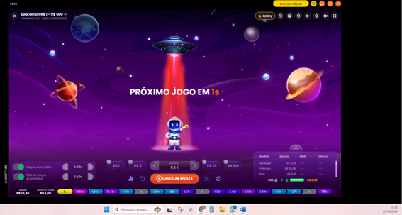 Tela inicial do Spaceman com o astronauta aguardando o in&iacute;cio da rodada e painel de apostas na parte inferior da tela.