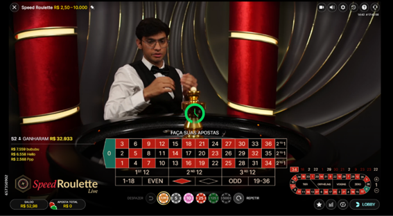 Interface de Speed Roulette com dealer ao vivo.