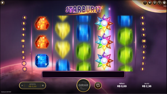 Tela do slot Starburst exibindo a grade 5x3 com 3 wilds empilhados no rolo 4, enquanto os outros rolam continuam girando.