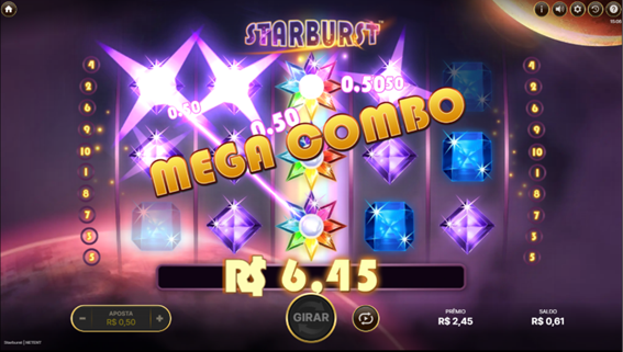 Tela do slot Starburst mostrando a grade com combina&ccedil;&otilde;es vitoriosas com wilds e a mensagem Mega Combo 