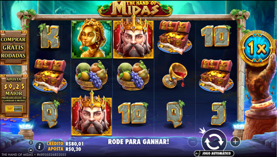 Jogo base do slot The Hand of Midas  Tela do jogo base do The Hand of Midas mostrando símbolos como Rei Midas, baú de moedas, frutas e multiplicador 1x ativo.