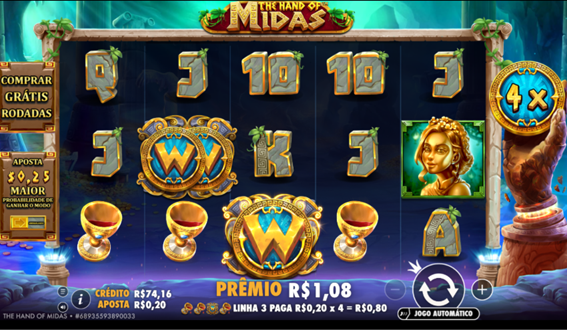 Wilds com multiplicador 4x no jogo base do slot The Hand of Midas  Tela do jogo base de The Hand of Midas mostrando a grade com 3 wilds e multiplicador 4x aplicado.