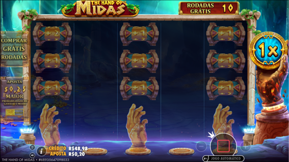 Mini-bobinas que definem rodadas grátis no slot The Hand of Midas  Tela do slot The Hand of Midas exibindo mini-bobinas com números que determinam a quantidade inicial de rodadas grátis.
