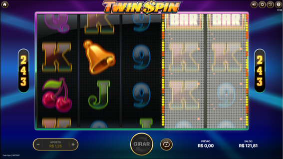 Tela do Twin Spin slot com o recurso Twin Reels em andamento, com os dois &uacute;ltimos rolos girando sincronizados.