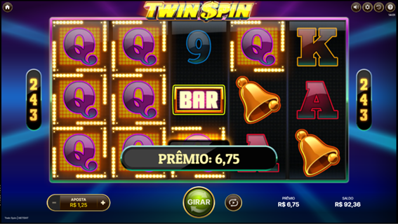 Tela do Twin Spin slot mostrando o recurso Twin Reels com dois rolos sincronizados que resultaram em vit&oacute;ria, exibindo s&iacute;mbolos Q e destaque luminoso em neon.