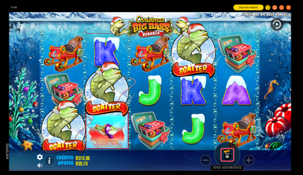 Jogo base de Christmas Big Bass Bonanza com tr&ecirc;s scatters ativando as rodadas gr&aacute;tis.