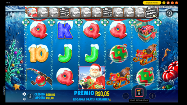 Rodadas gr&aacute;tis de Christmas Big Bass Bonanza com pescador ativo e dois wilds preenchidos no medidor.
