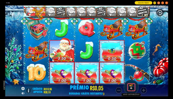Rodadas gr&aacute;tis de Christmas Big Bass Bonanza com wild pescador Papai Noel ativo na grade. 
