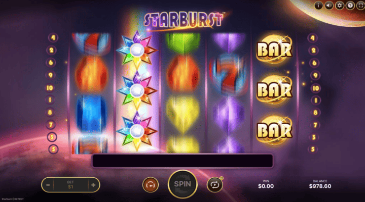 S&iacute;mbolos wild representados por uma estrela colorida na slot Starburst da NetEnt