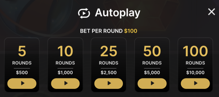 Op&ccedil;&otilde;es de autoplay da slot Starburst, com op&ccedil;&atilde;o de 5, 10, 25, 50 e 100 rodadas autom&aacute;ticas. 