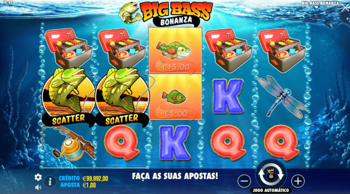 Representa&ccedil;&atilde;o dos s&iacute;mbolos Scatter na slot Big Bass Bonanza da Pragmatic Play. 