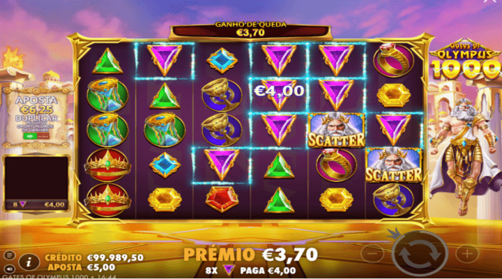 Sessão de jogo na slot Gates of Olympus 1000, com prémio de 4.00€ no ecrã.
