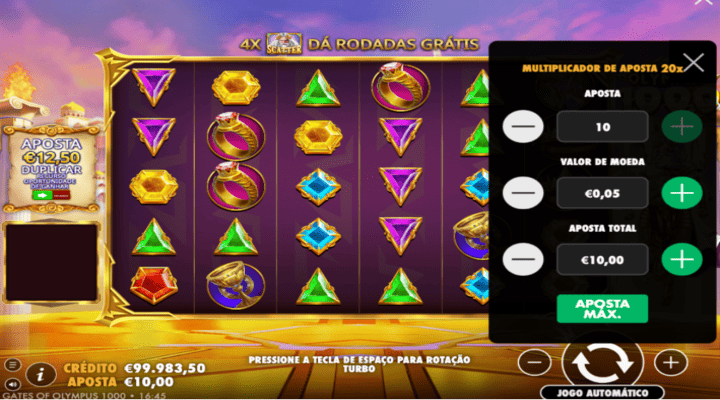 Aposta ante de 12.50€ na slot Gates of Olympus 1000 da Pragmatic Play