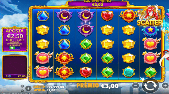Sess&atilde;o de jogo na slot Starlight Princess 1000 da Pragmatic Play com ganhos de queda de 3.00&euro;. 