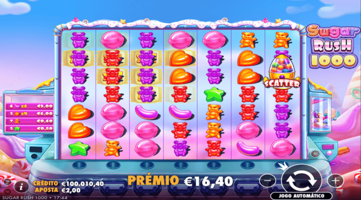 Sess&atilde;o de jogo com aposta de 2&euro; na slot Sugar Rush 1000.