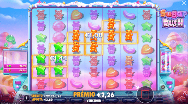 Combinações vencedoras na slot Sugar Rush com ursos laranja e estrelas verdes