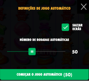 Opções de rodadas automáticas e saltar ecrãs da slot Sugar Rush