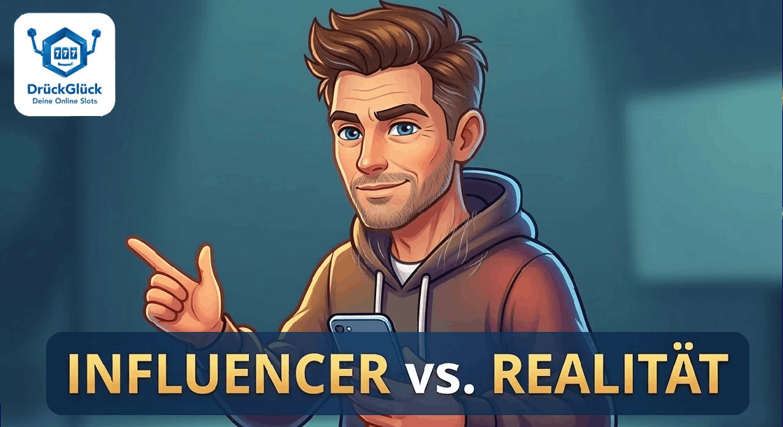 Cartoon-Illustration eines jungen Mannes mit Smartphone, der nach links zeigt. Unten steht in großen Buchstaben „Influencer vs. Realität“, oben links ist das DrückGlück-Logo zu sehen.