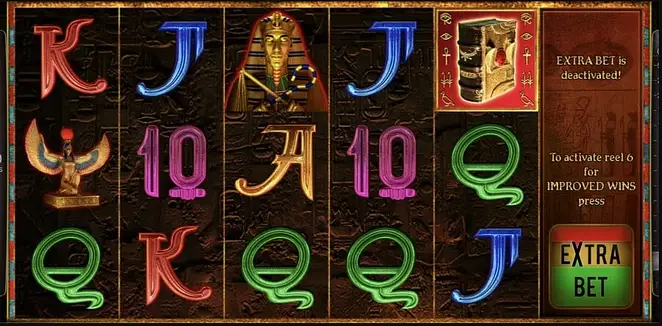Spieloberfläche von Book of Ra Deluxe 6 mit Buch-Scatter und der optionalen sechsten Walze