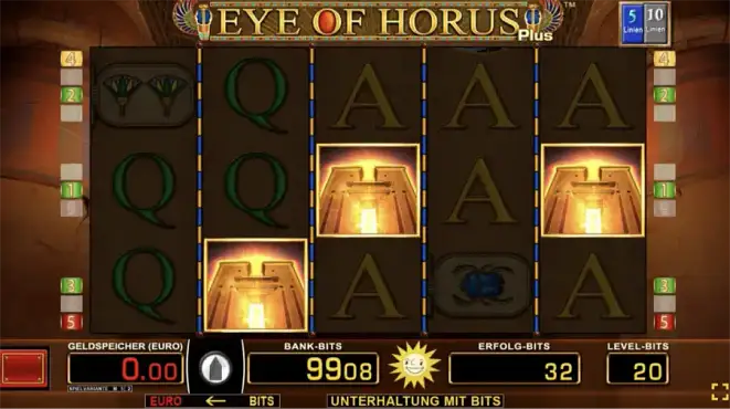 Spieloberfläche von Eye of Horus mit drei Scatter-Symbolen auf den Walzen