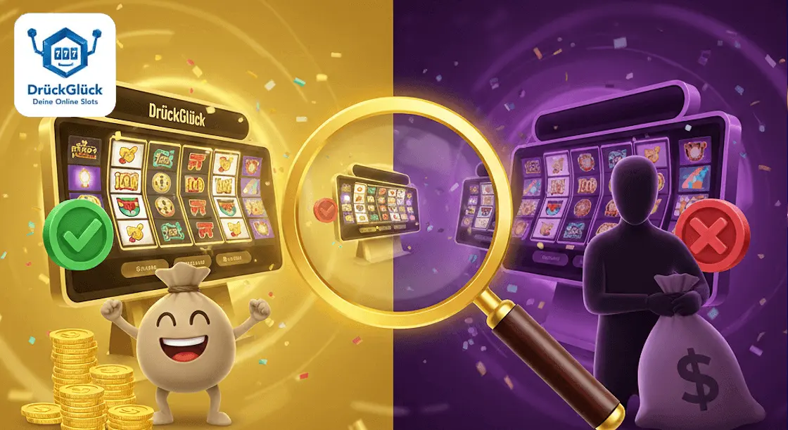 Gegenüberstellung von zwei Online-iGaming-Anbietern. Links ein heller, goldener Slot mit einem lachenden Maskottchen und grünem Häkchen. Rechts ein dunkler, lilafarbener Slot mit einer schattenhaften Figur, einem Sack Geld und einem roten Warnkreuz.