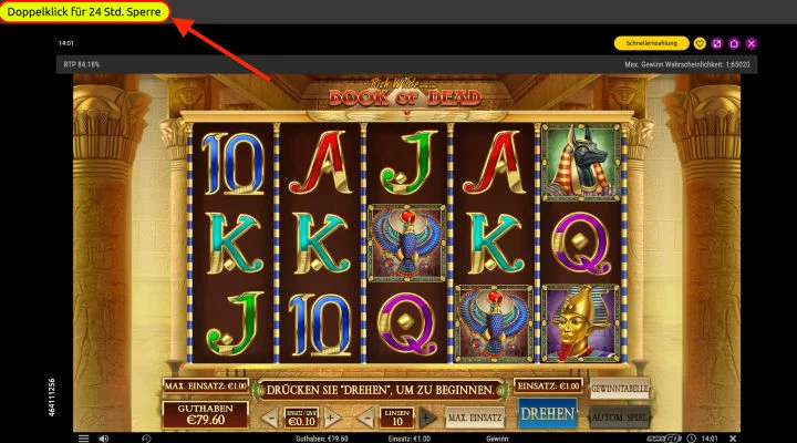 Book of Dead Slot Spieloberfläche mit Kennzeichnung des Buttons für die 24-Stunden OASIS Sperre Button für die 24-Stunden OASIS Sperre beim Slot-Spielen