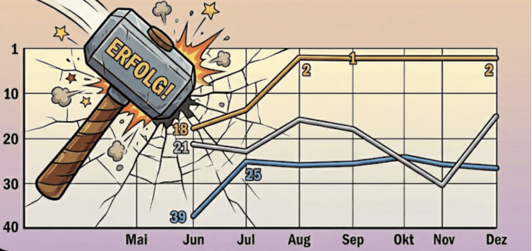 Hammer schlägt auf einen Linienchart der erfolgreichsten neuen Slots 2025