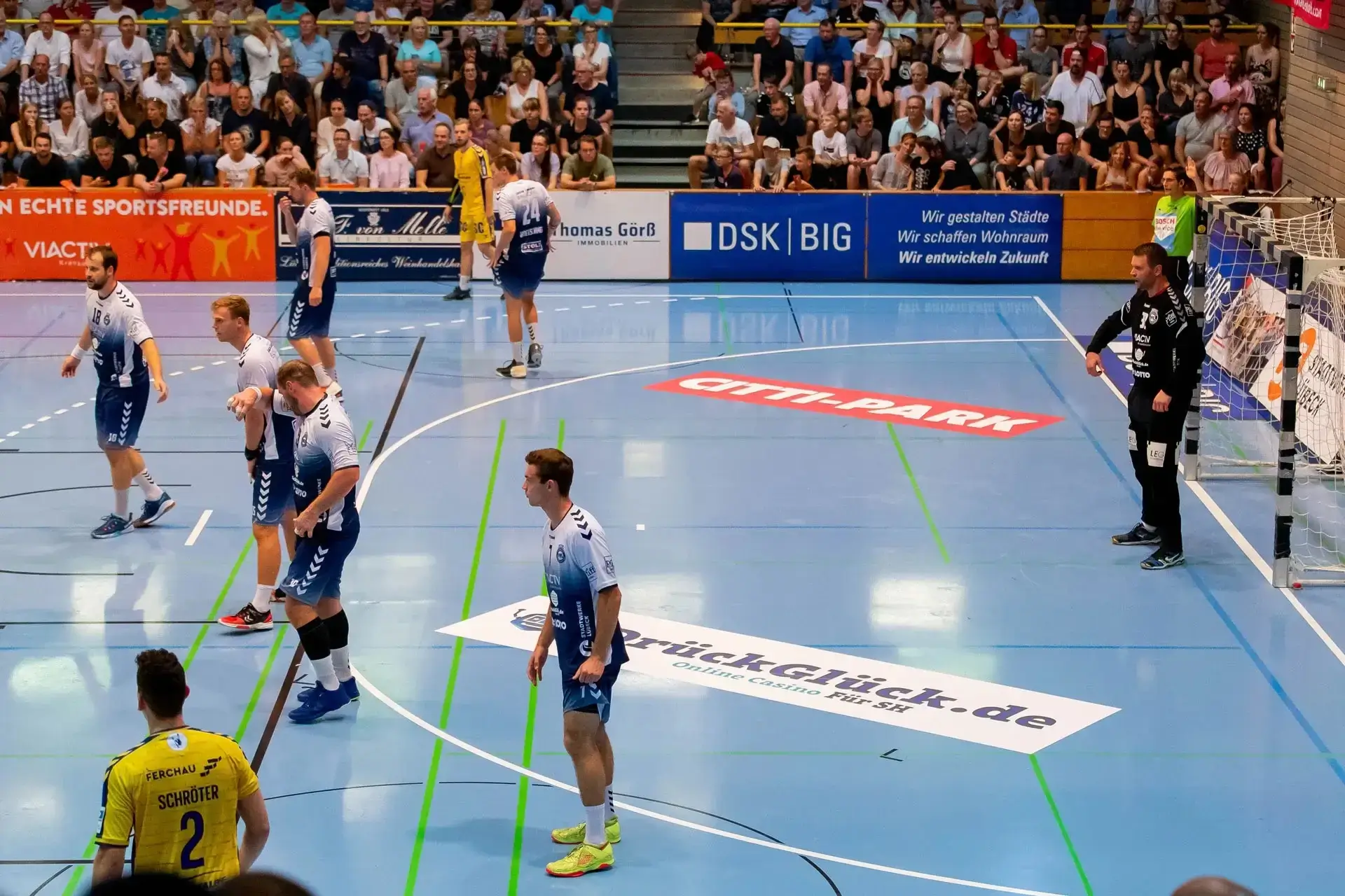 Handballspiel in der Halle: Spieler jubeln vor applaudierender Zuschauerkulisse, Dr&uuml;ckGl&uuml;ck-Bandenwerbung