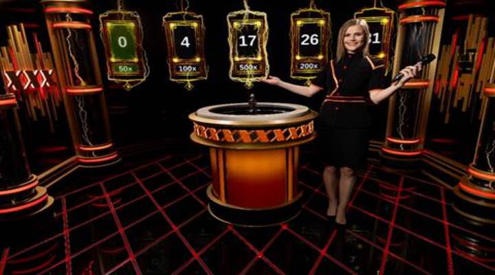 A woman presenting XXXtreme Lightning Roulette Live Casino