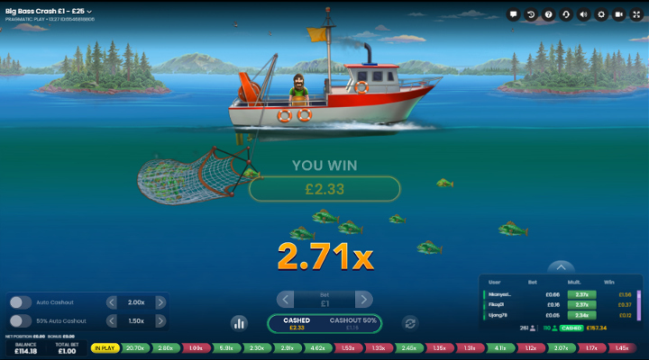 Big Bass Crash screen showing a successful cashout on a 2.71x multiplier