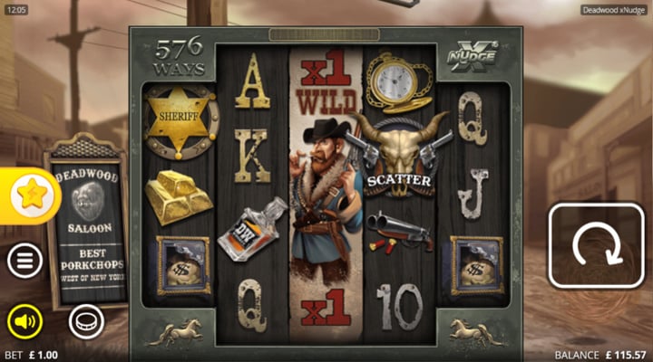 The main reels of Deadwood, showing a Sheriff badge, bounty hunter wild and scatter on the reels