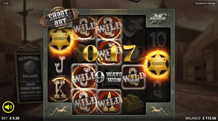 The Sheriff badges appear on the first and fifth reels, triggering the shoot out which turns all low-paying symbols wild