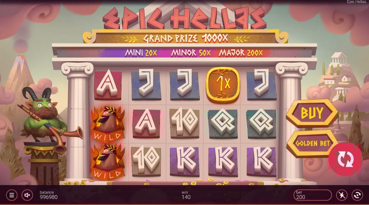 Epic Hellas slot with 5 reel 3 row layout, Greek pillar reel design, and ancient Greece themed wilds 
