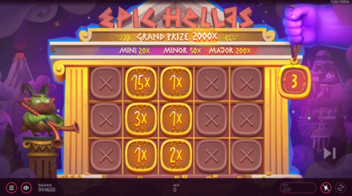 Epic Hellas Bonus Game with 6 gold coins containing multiplier son the reels 