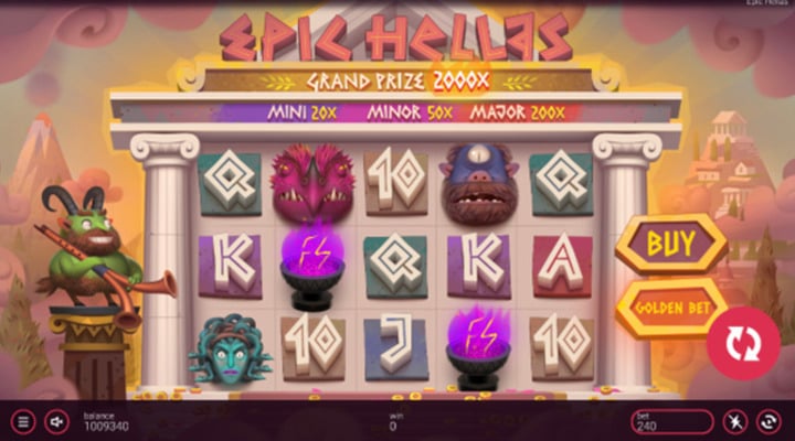 Epic Hellas slot with Golden Bet button highlighted, giving the reel set a golden glow 