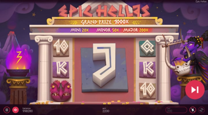 Epic Hellas slot Free Spins feature with a purple flame showing 3 free spins and a giant 3x3 J symbol in centre position 