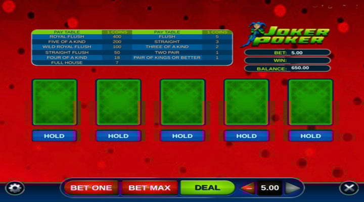 Joker Poker game showing five cards face down with a hold button under each one and a paytable of winning hands at the top