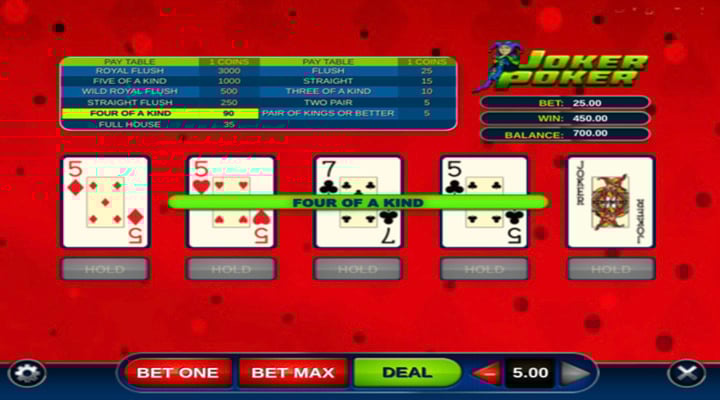 Joker Poker four of a kind winning hand featuring three fives, a seven, and a joker wild card. 