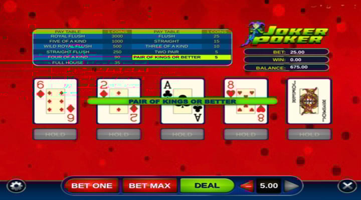 Joker Poker game showing a Kings or Better win with an ace and a joker wild 