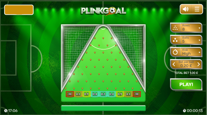 The main screen of Plinkgoal showing the pegs, options, controls and multiplier prizes at the bottom of the playing area